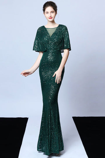 Mermaid V Neck Dark Green Sequins Long Ball Dress with Short Sleeves